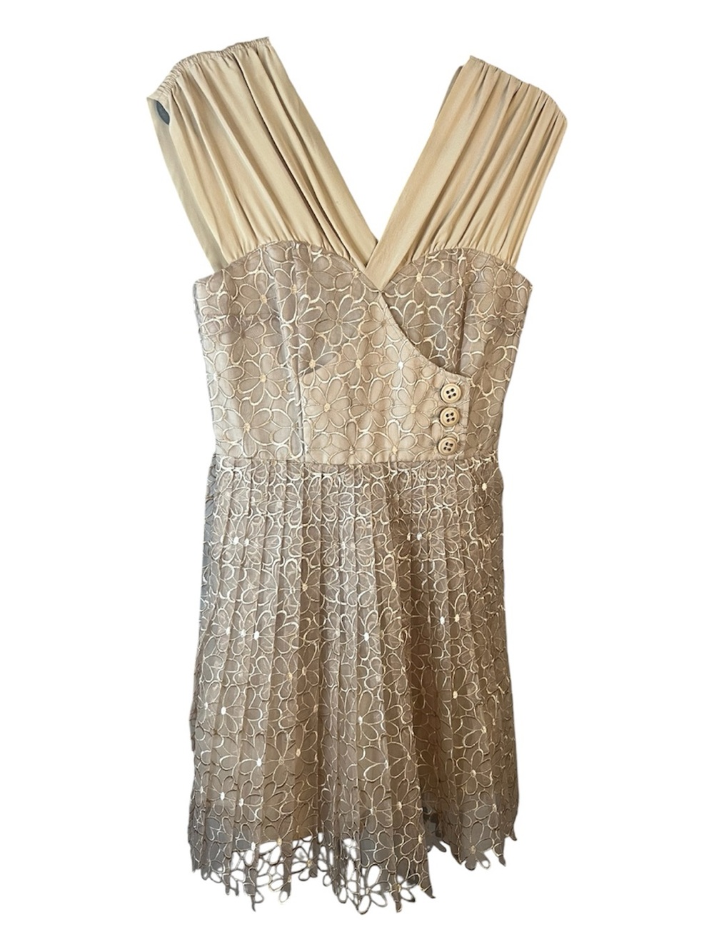 Sleeveless Lace-Overlay Pleated Mini Dress in Champagne